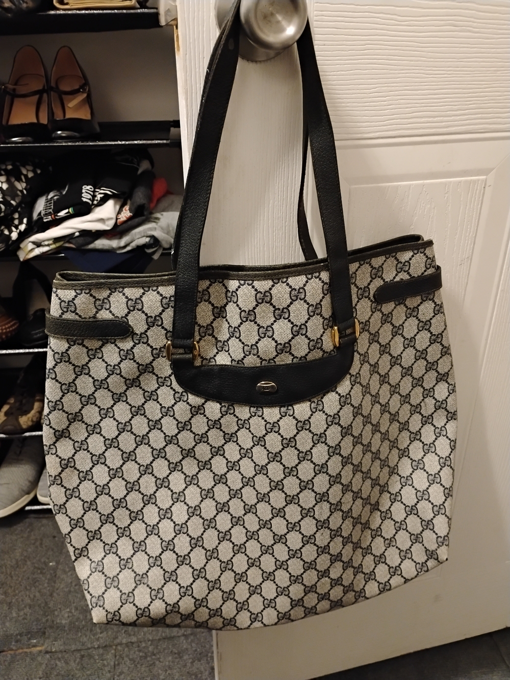 Gucci White Monogram Tote with Blue Leather Handles